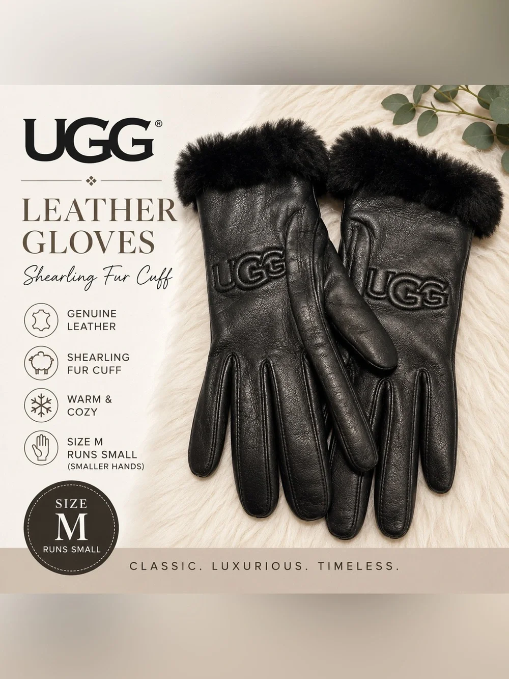 UGG Genuine Leather Shearling Fur Cuff Women's Gloves Black Size M Runs Small